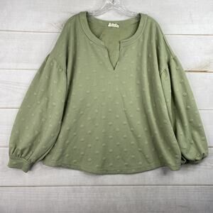 Perch By Blu Pepper Sweatshirt Top Womens 2XL Green Polka Dot Pullover V Neck